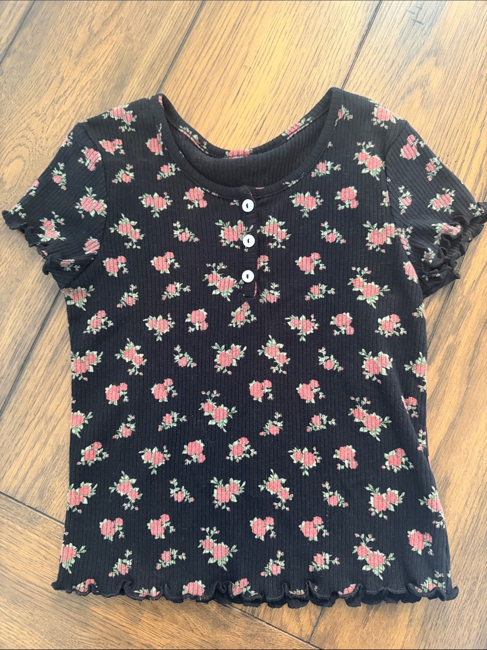 Art Class Black Ribbed Tee Pink Floral Print Short Sleeve Top